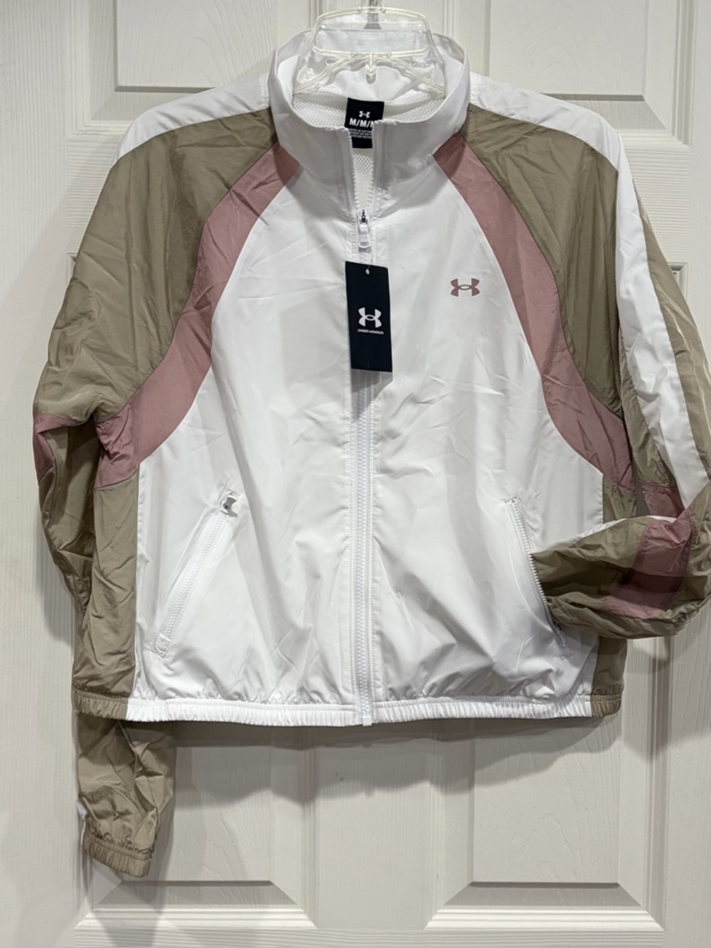 Under Armour Women's Medium Icon Crinkle Track Jacket White Pink NWT Pockets